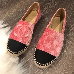 Chanel pink velvet camellia espadrilles